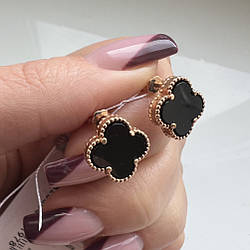 Сережки срібні "Чорна конюшина" з онікса позолочені жіночі Сережки зі срібла у вигляді листочка