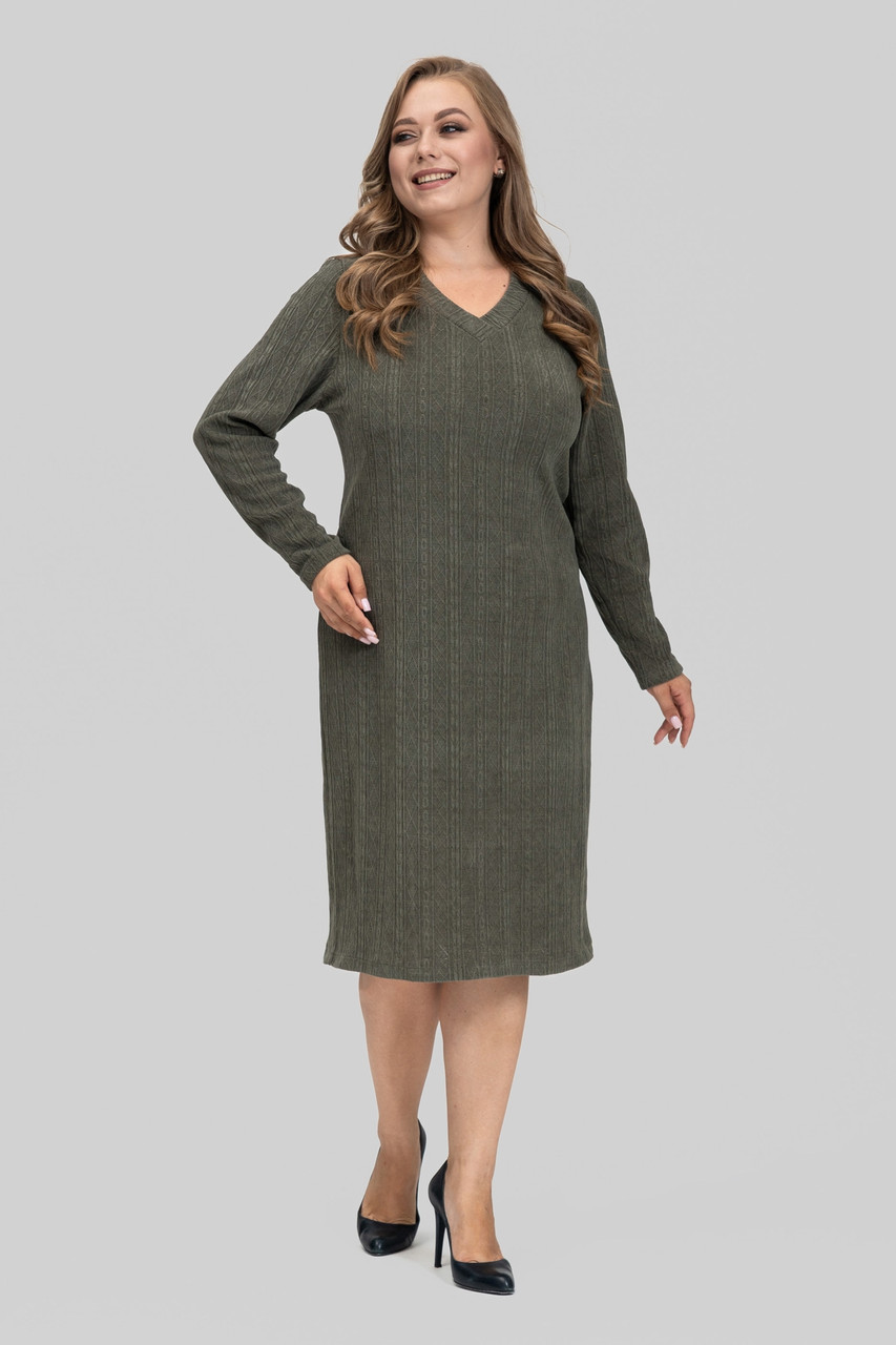 Жіноча сукня великого розміру Софі трикотажна тепла осінньо-зимова 50–60 оливкова, фото 1