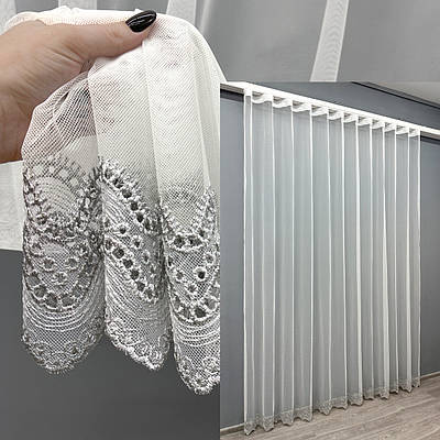 Тюль "Грек-сітка" з вишивкою та люрексом. Колір молочний з сірим. Код 1830т