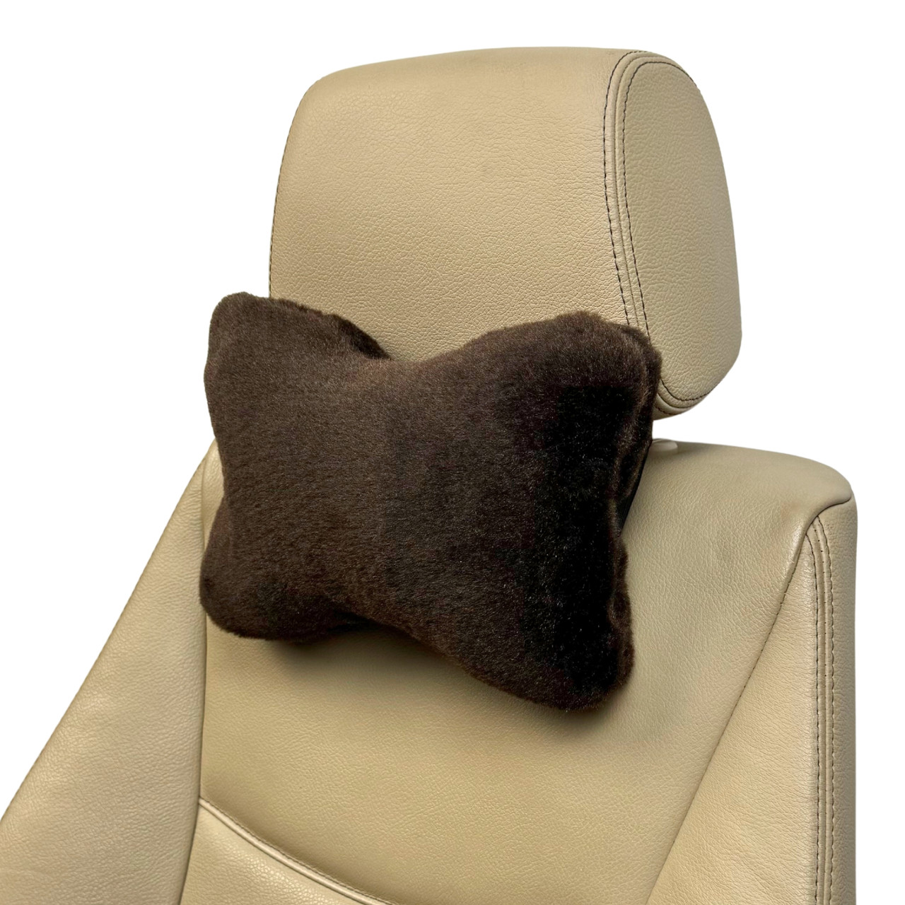 Автомобільна подушка на підголівник з еко-хутра в салон автомобіля Коричнева 1 шт