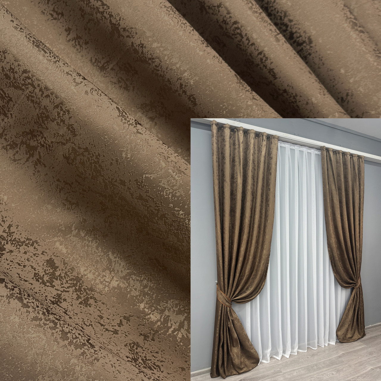 Комплект штор (2шт. 1х2,7м.) жакард, колекція "Мармур Al1". Колір темне какао. Код 437ш 31-613, фото 1