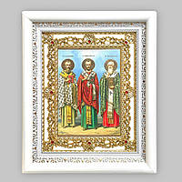 Ікона Василій Великий, Григорій Богослов та Іоанн Златоуст святителі, лик 15х18 см, в білому кіоті з камінням