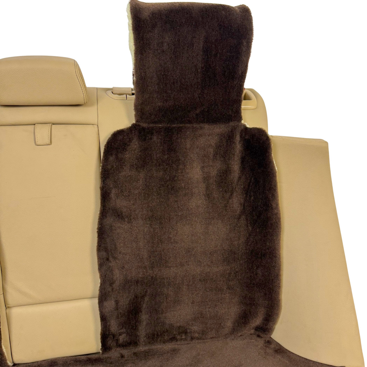 Додаткова хутряна накидка на спинку заднього сидіння автомобіля коричнева з підголовником