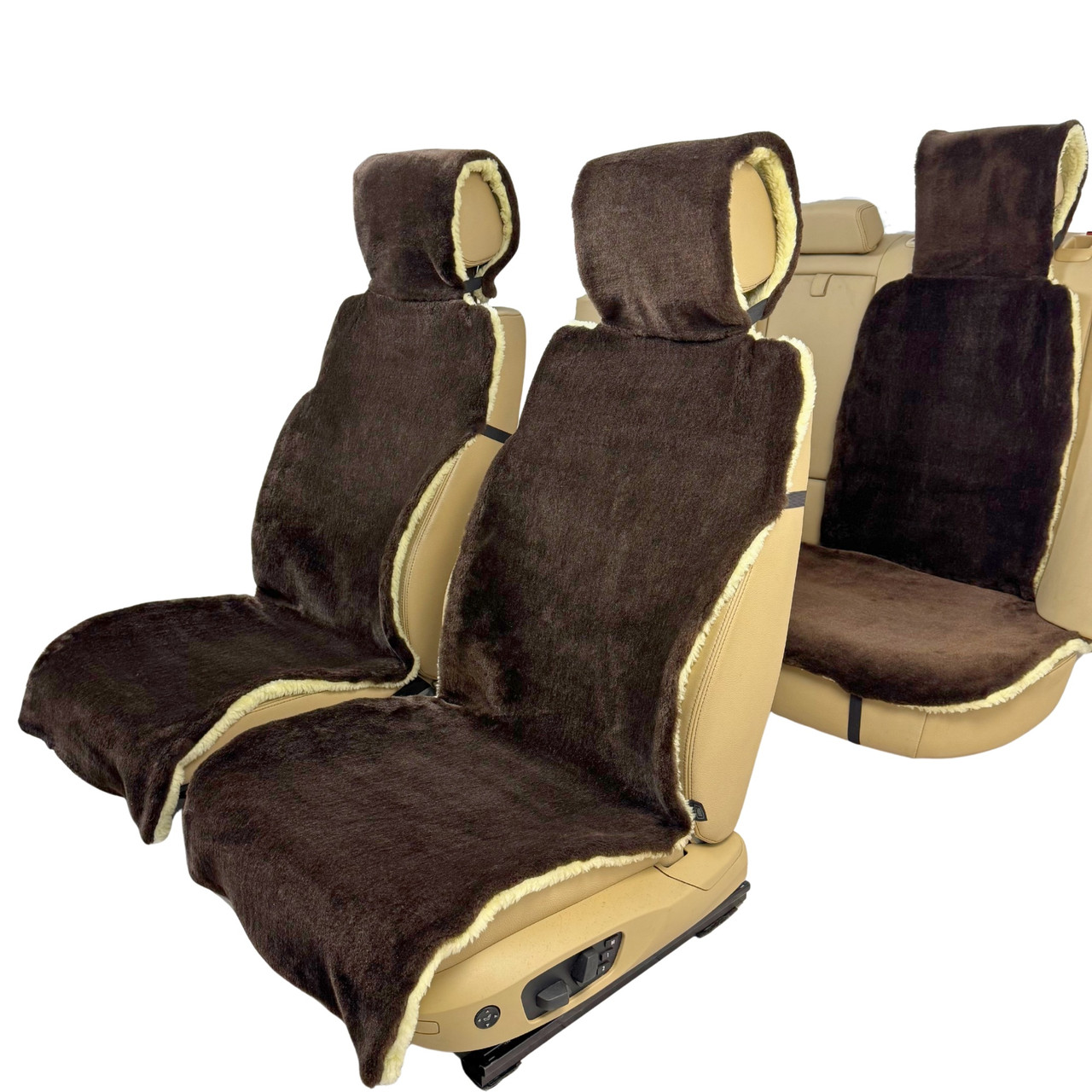 Хутряні накидки універсальні чохли - майки на 2 передні та заднє сидіння авто з овчини (Еко-хутро) коричневі