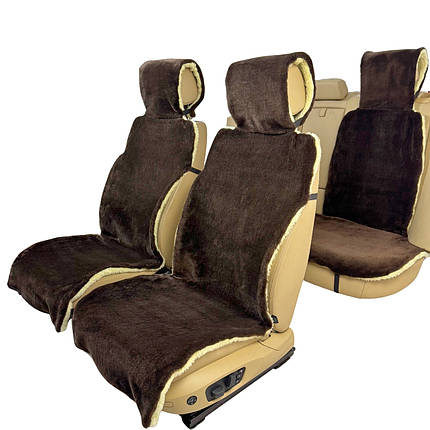 Хутряні накидки універсальні чохли - майки на 2 передні та заднє сидіння авто з овчини (Еко-хутро) коричневі, фото 1