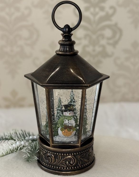 🌟Новорічний вінтажний музичний ліхтарик з автопіддувом "Сніговик у лісі" від USB або батарейок, колір Бронза, фото 1