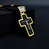 Срібний хрестик з ебеновим деревом і шнурок зі вставками зі срібла 925 проби з позолотою та чорнінням 866/4глз+Кр013ез