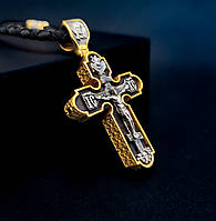 Срібний хрестик з ебеновим деревом і шнурок зі вставками зі срібла 925 проби з позолотою та чорнінням 846/4з+Кр016ез