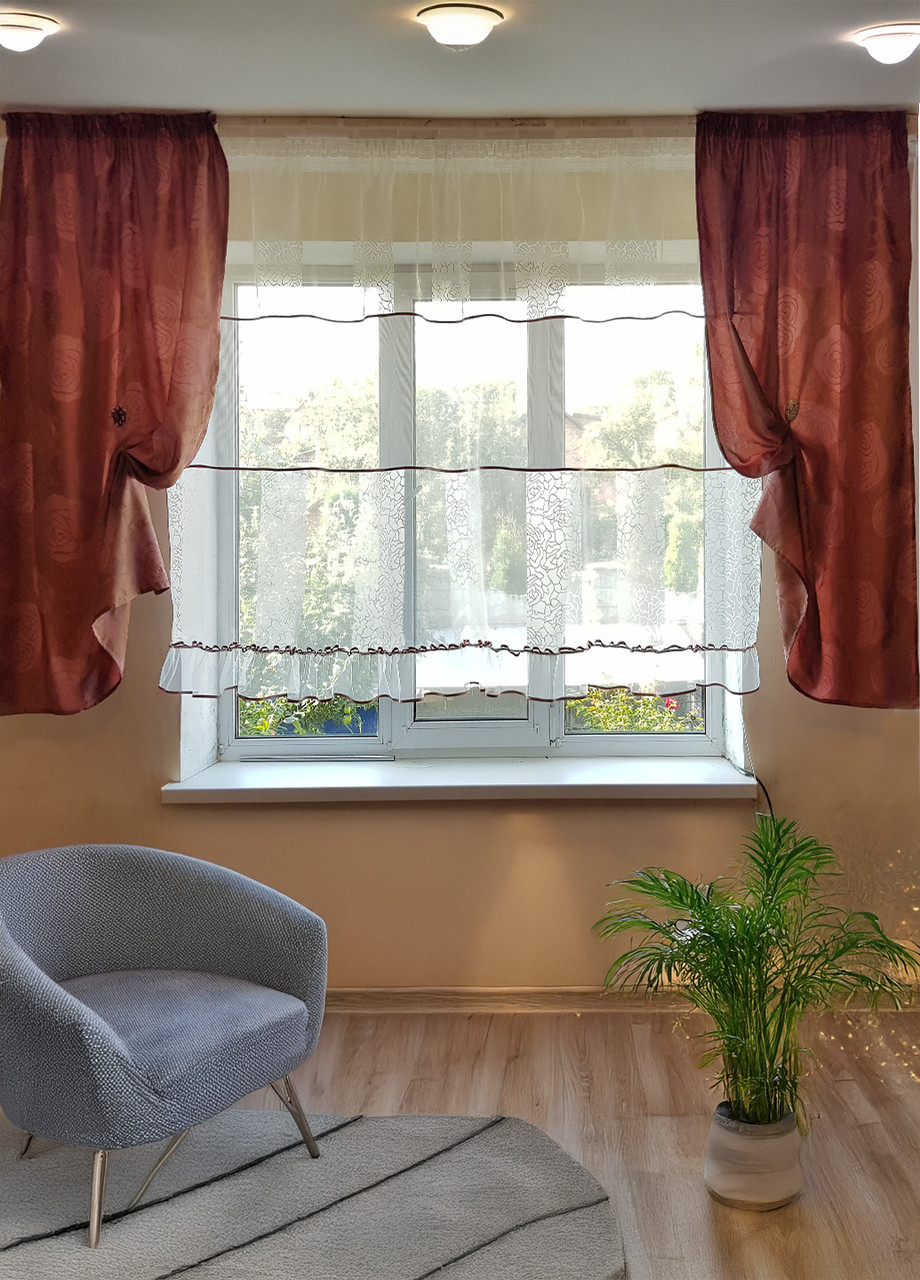 Комплект тюль і штор до підвіконня Firanka Троянди карниз 200см молочний із рожевим (71_8к), фото 1