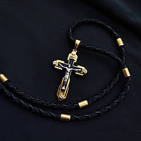 Срібний хрестик з ебеновим деревом і шнурок зі вставками зі срібла 925 проби з позолотою та чорнінням 866/4глз+Кр011ез
