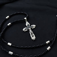 Срібний хрестик з ебеновим деревом і шнурок зі вставками зі срібла 925 проби з чорнінням 866/4гл+Кр011е
