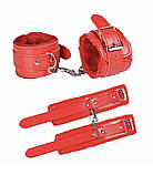 Червоні шкіряні наручники з хутром для БДСМ, наручники для інтимних рольових ігор шкірзам, фото 3