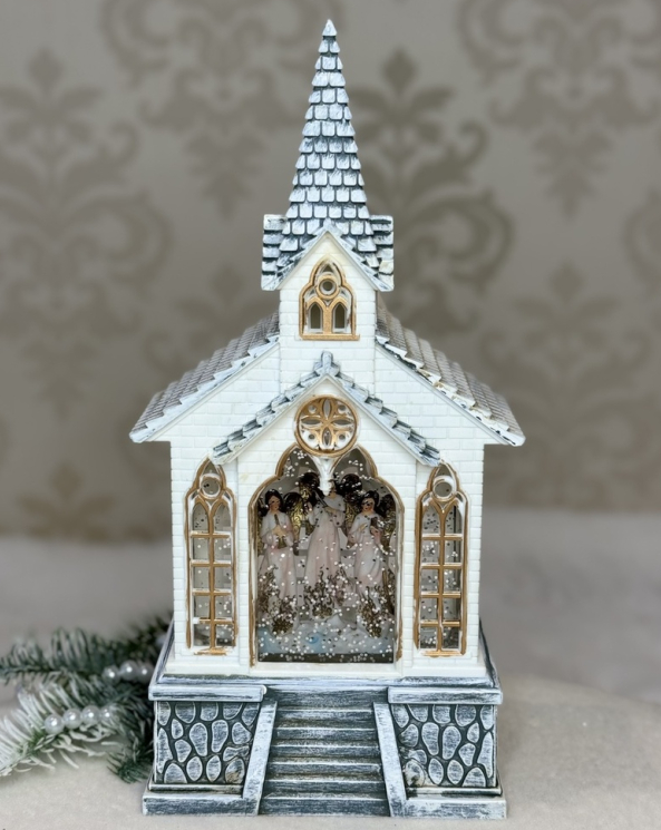 🧡Різдвяний музичний декор з автопіддувом глітера у формі вінтажного будиночка "Церква" 28.5х13.5х8.6см, фото 1