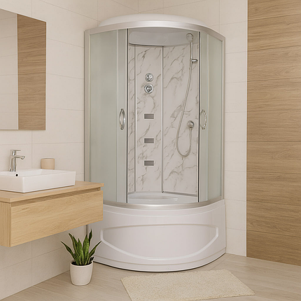 Душовий бокс Vivia TKF90 Білий мармур WG 90x90x215 см з глибоким піддоном з гідромасажем матове скло, фото 2