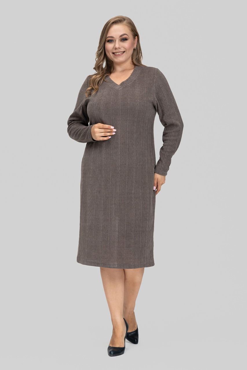 Жіноча сукня великого розміру Софі трикотажна тепла осінньо-зимова 50–60 мокко, фото 1