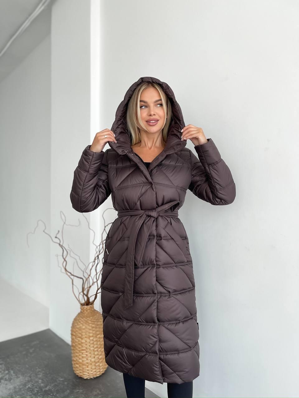 Пуховик молодіжний пальто на пуху з поясом 42-56 розміри шоколад, фото 1