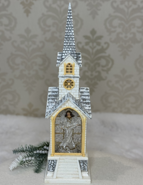 🧡Різдвяний музичний декор з автопіддувом глітера у формі вінтажного будиночка "Церква" 40х10.8х11.5см, фото 1