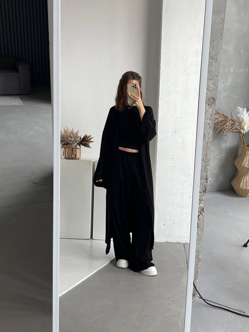 Комплект жіночий кімоно+футболка+палаццо з віскози розмір 42-46 Модель 1526-2369 Колір: чорний, фото 1