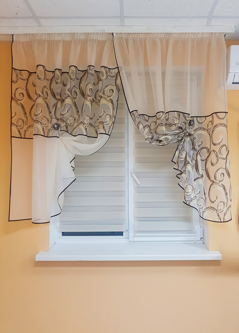 Комплект тюль до підвіконня Firanka Завитки з двох половинок карниз 200см кремовий з теракотовим (72_1к), фото 1