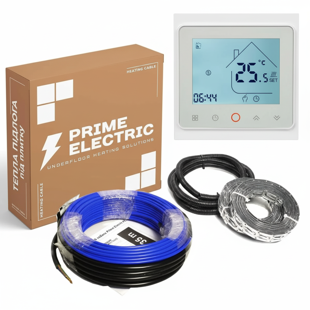 Тепла підлога 60м - Prime Electric PC-20 нагрівальний кабель 1200W з програмованим WiFi терморегулятором білим, фото 1