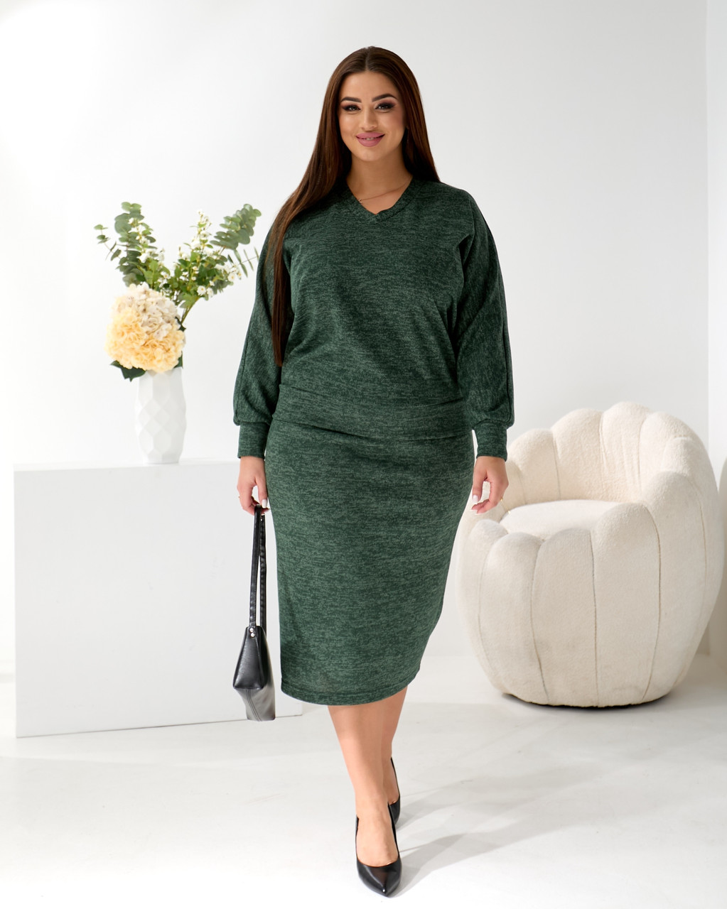 Жіночий костюм зі спідницею з ангори розмір плюс Риф смарагд (50-64), фото 1