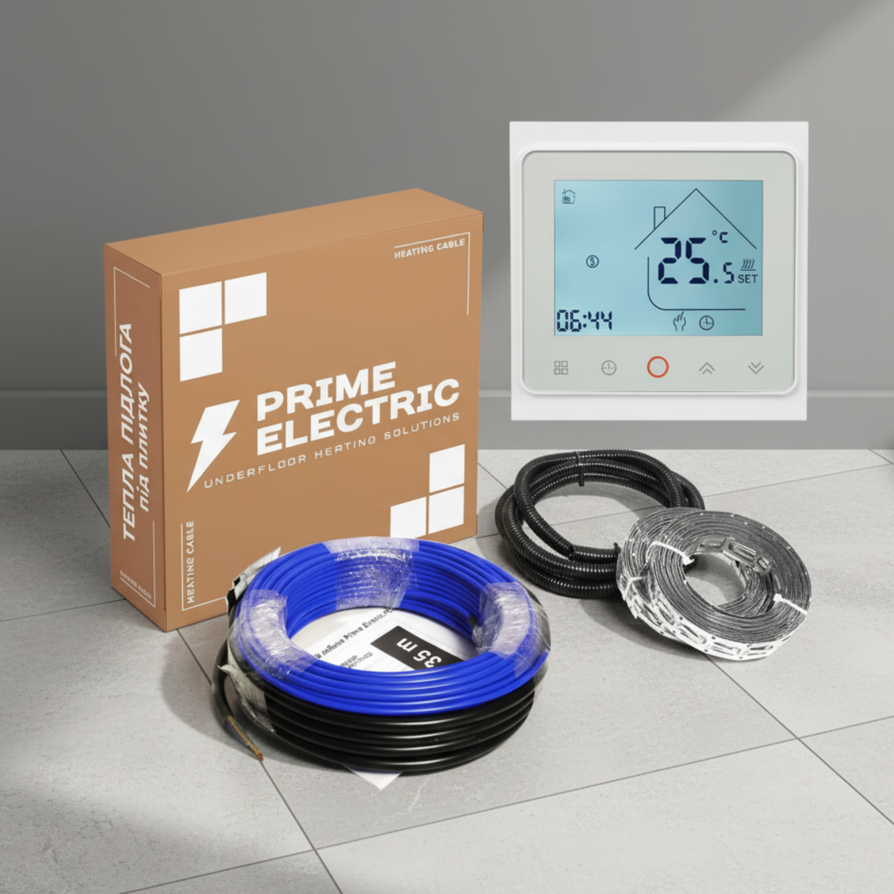 Тепла підлога 60м - Prime Electric PC-20 нагрівальний кабель 1200W з програмованим WiFi терморегулятором білим, фото 1