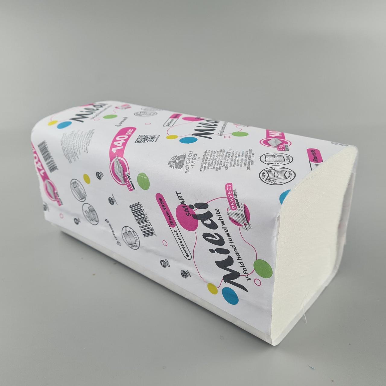 Рушник паперовий v-складка білий (140000слив) 230*210 2 шар. 'Mildi Smart" (1 пачка), фото 1