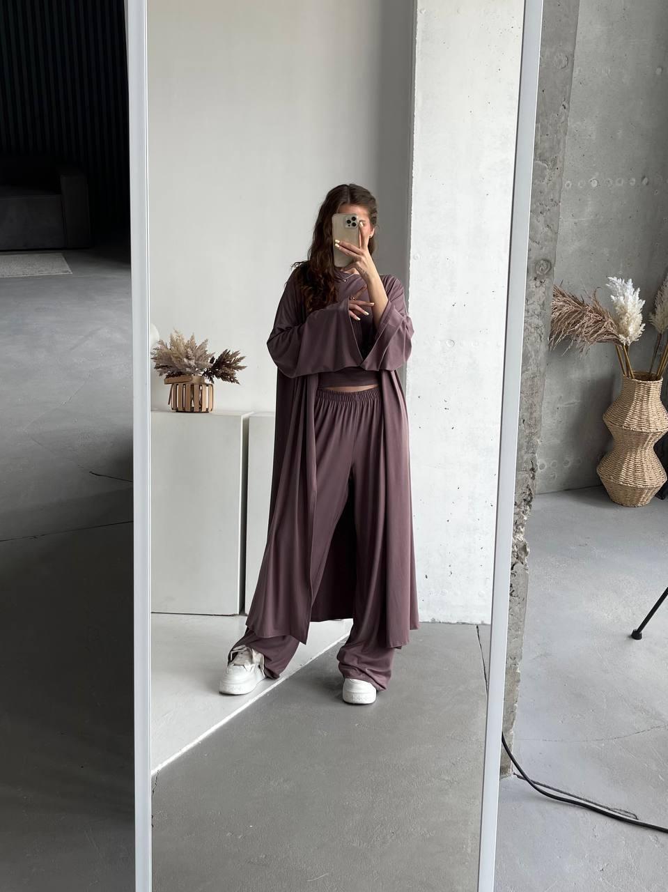 Комплект жіночий кімоно+футболка+палаццо з віскози розмір 42-46 Модель 1526-2369 Колір: мокко, фото 1