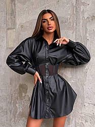 Жіноча шкіряна сукня сорочка з корсетною вставкою Smb9492