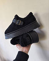 Черевики туфлі УГГІ короткі ЧОРНІ BLACK з ремінцем на високій підошві з утепленою устілкою жіночі