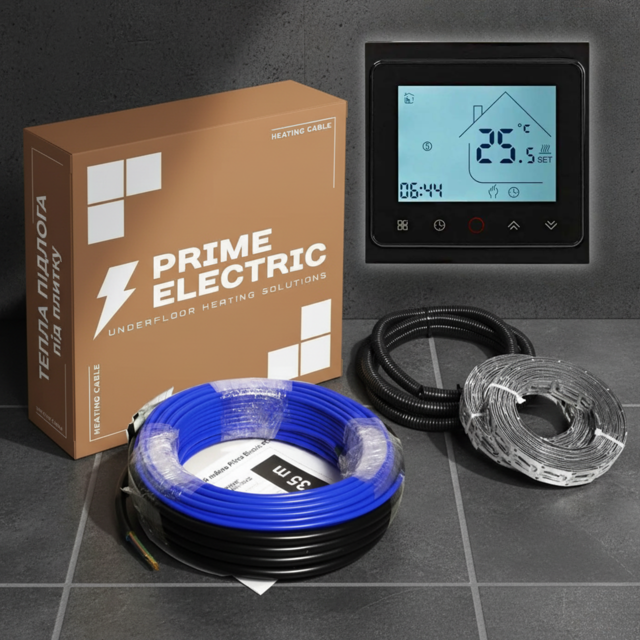 Тепла підлога 35м - Prime Electric PC-20 нагрівальний кабель 700W з програмованим WiFi терморегулятором чорним, фото 1
