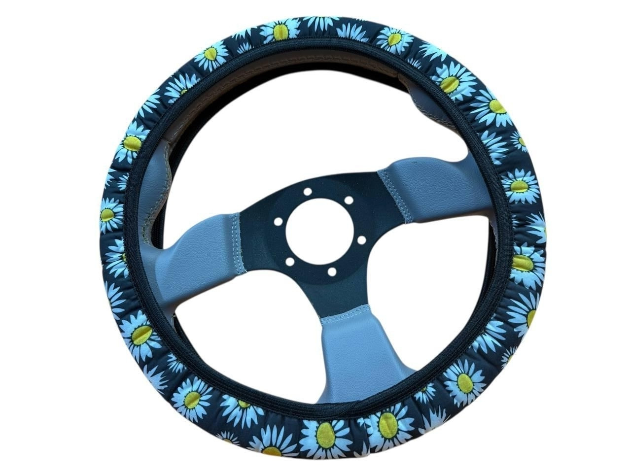 Чохол на кермо. Обплетення на кермо. Чохол чорний з ромашками  М 37-39 см