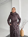 Довге зимове пальто пуховик на біопуху з поясом 42-56 розміри шоколад, фото 3