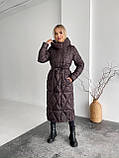 Довге зимове пальто пуховик на біопуху з поясом 42-56 розміри шоколад, фото 2