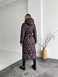 Довге зимове пальто пуховик на біопуху з поясом 42-56 розміри шоколад, фото 4