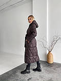 Довге зимове пальто пуховик на біопуху з поясом 42-56 розміри шоколад, фото 5