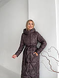 Довге зимове пальто пуховик на біопуху з поясом 42-56 розміри шоколад, фото 6