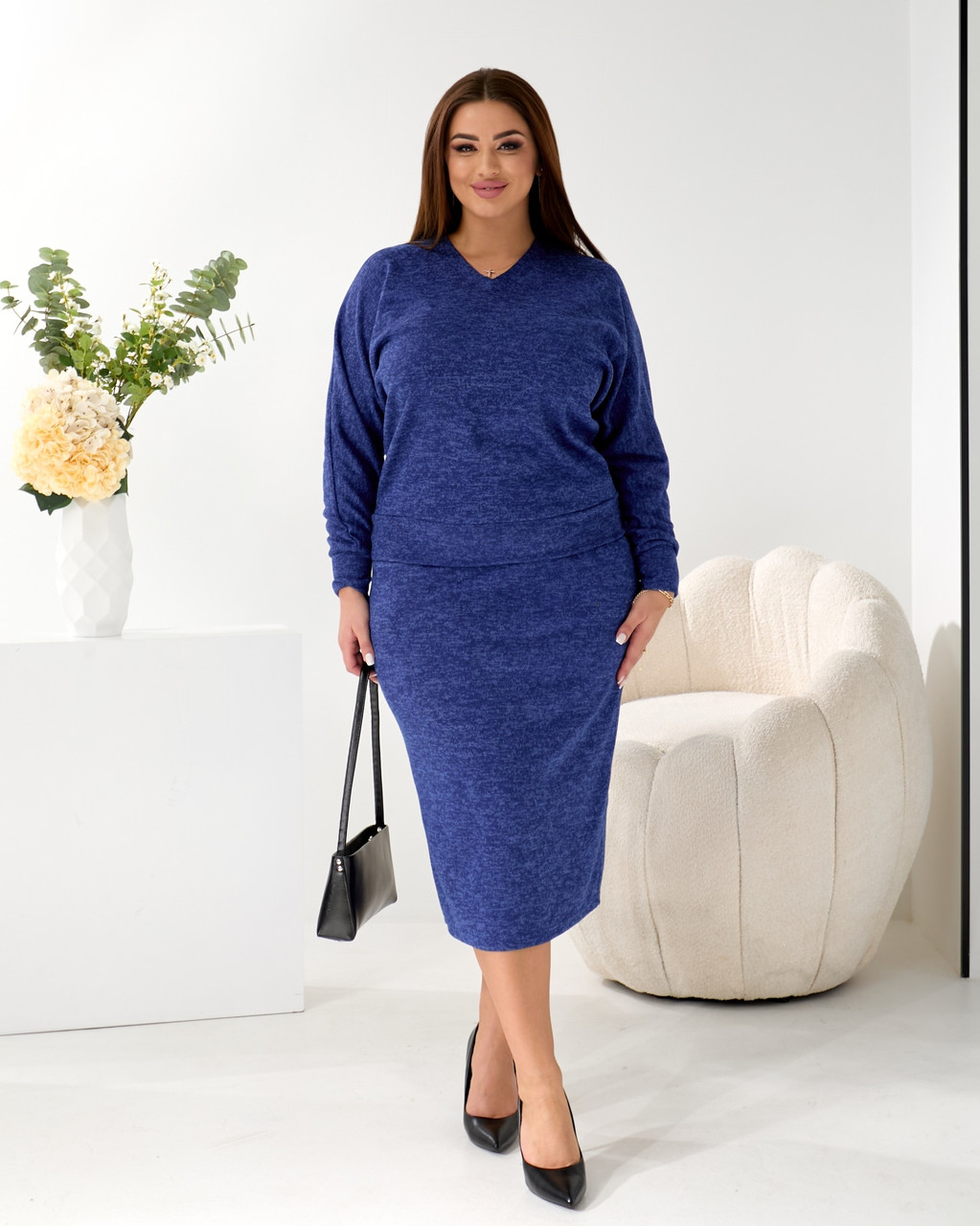 Жіночий костюм зі спідницею з ангори розмір плюс Риф електрик (50-64), фото 1