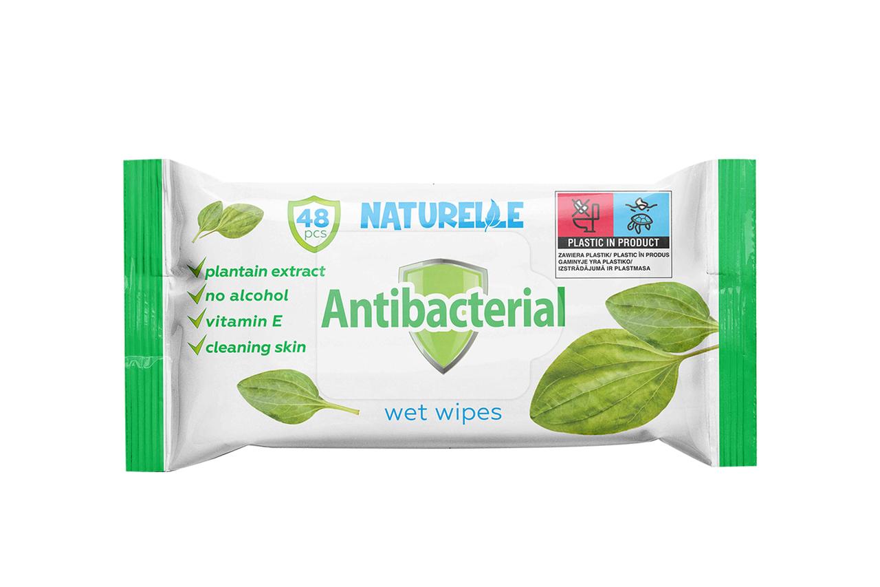 Вологі серветки “Naturelle” Antibacterial, з екстрактом листя подорожника, 48 шт, фото 1
