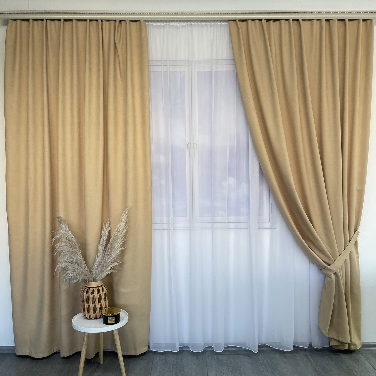 Готові однотонні штори, мікровелюр Кремові, з тюлем (SHTN-PK-96), фото 1