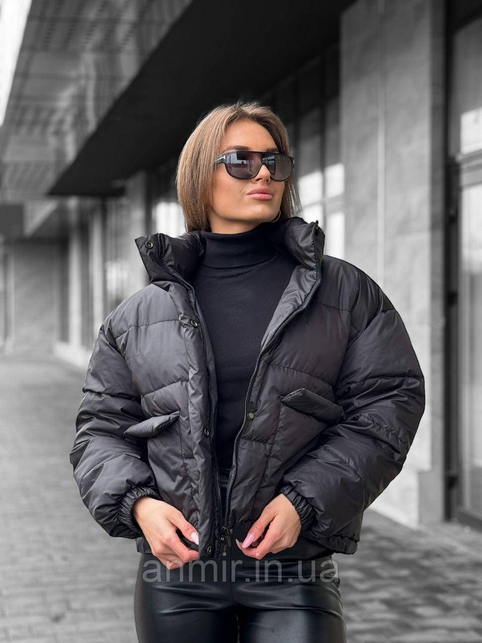 Куртка жіноча демісезонна з кишенями без капюшона норма 42-44, чорного кольору