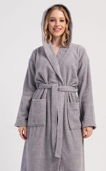 Халат жіночий махровий з капюшоном сірий M, фото 1