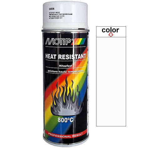 Термостійка фарба спрей біла матова Motip Heat Resistant Spray White 400мл, фото 1