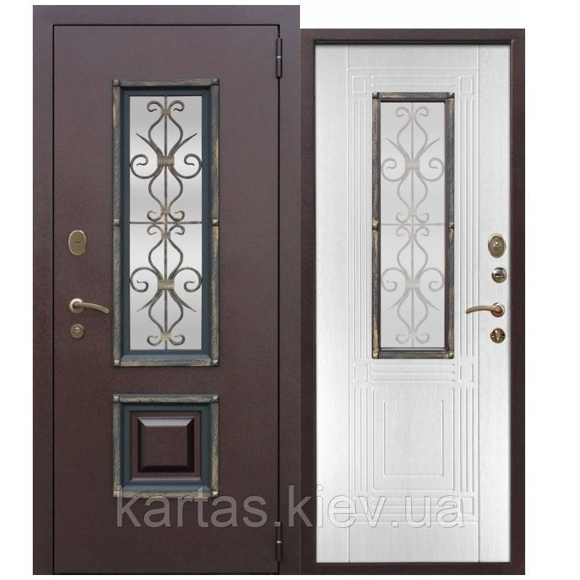 Вхідні двері зі склопакетом Венеція 75 мм 960х2050, Мідний Антик/Білий Ясен, фото 1