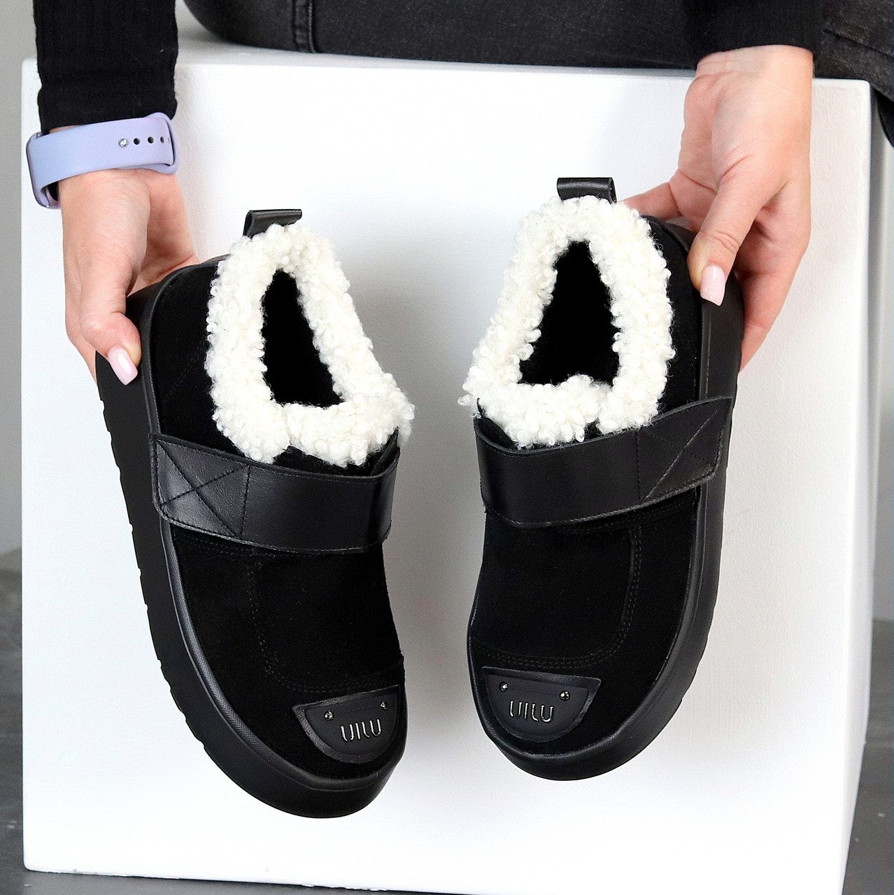 Молодіжні дизайнерські зимові чорні автоледі натуралки на липучці, фото 1