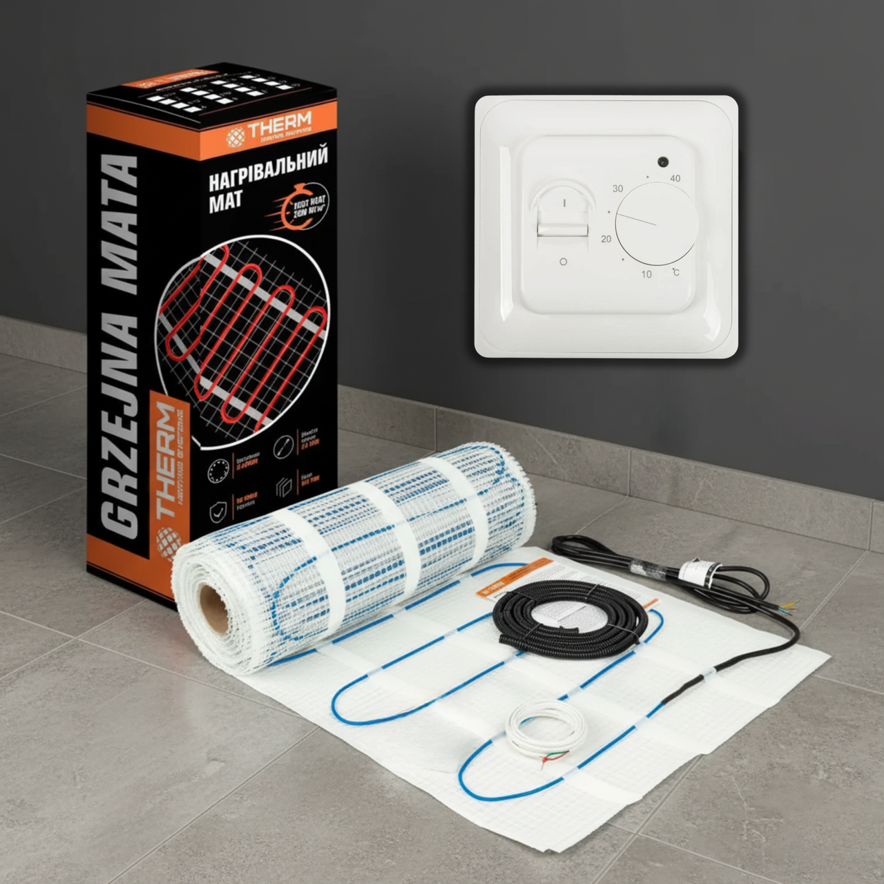 15 м.кв. комплект THERM FEP-200 нагрівальний мат з механічним терморегулятором білим, фото 1