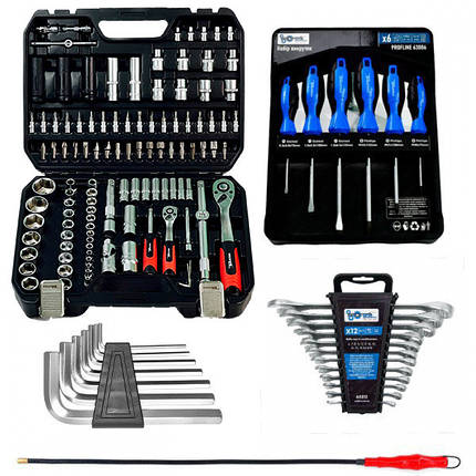 Набір інструментів 5в1 (Набір 111 од., ключі 12 од, Набір викруток 6 од, гнучкий подовжувач та шестигранники) Profline 61085-205, фото 1