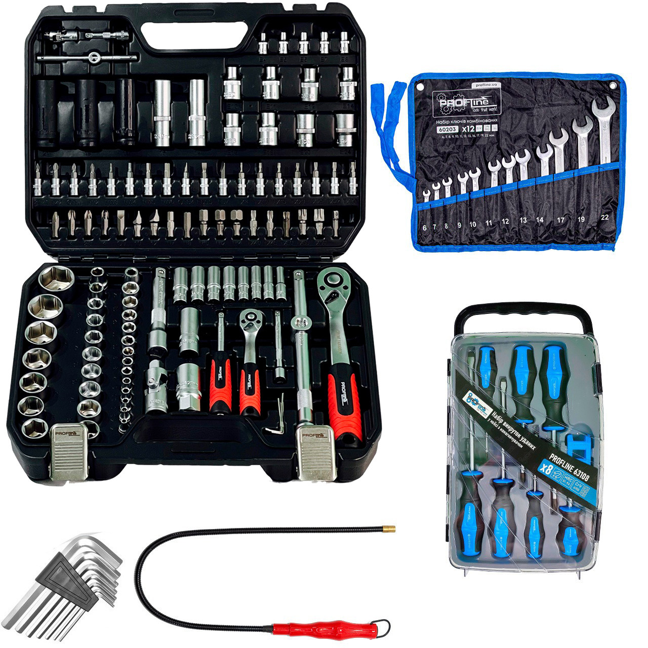 Набір інструментів 5в1 (набір 111 од + магніт + викрутки 7 од + шecтигpaнникі Г-пoдібні 7 oд + ключі 12 од)Profline 61085-212