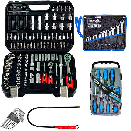 Набір інструментів 5в1 (набір 111 од + магніт + викрутки 7 од + шecтигpaнникі Г-пoдібні 7 oд + ключі 12 од)Profline 61085-212, фото 1