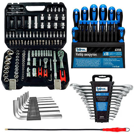 Набір інструментів 5в1 (Набір 111 од , Набір викруток професійних 18 од., Набір ключів 12 од., гнучкий подовжувач та, фото 1